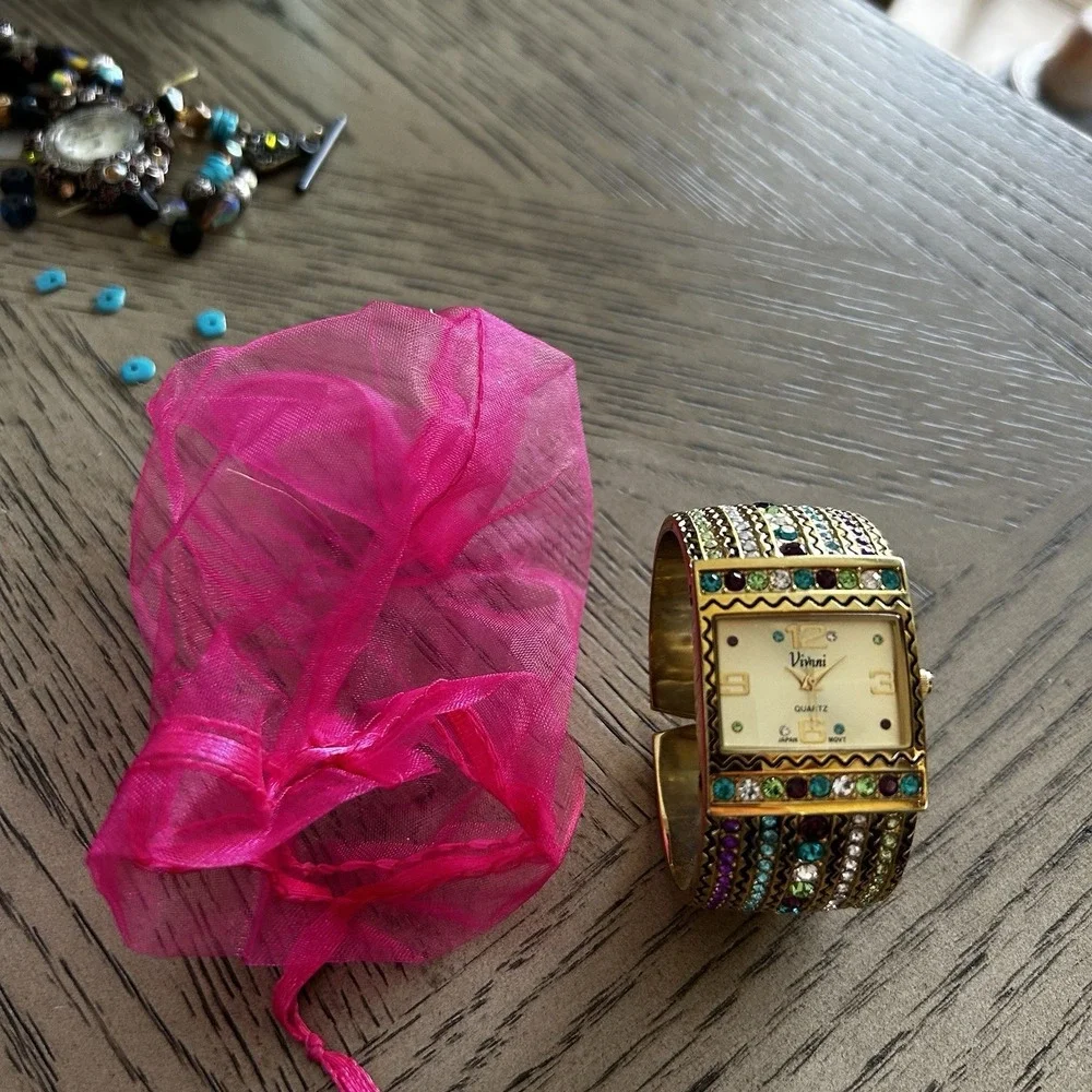 Vivani Gold Tone Multicolor Crystal Cuff Watch Quartz Japan Movt + Pouch‎ Y2K